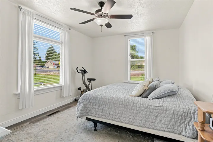 Dual windows, wood-finish flooring, ceiling fan, and white trim