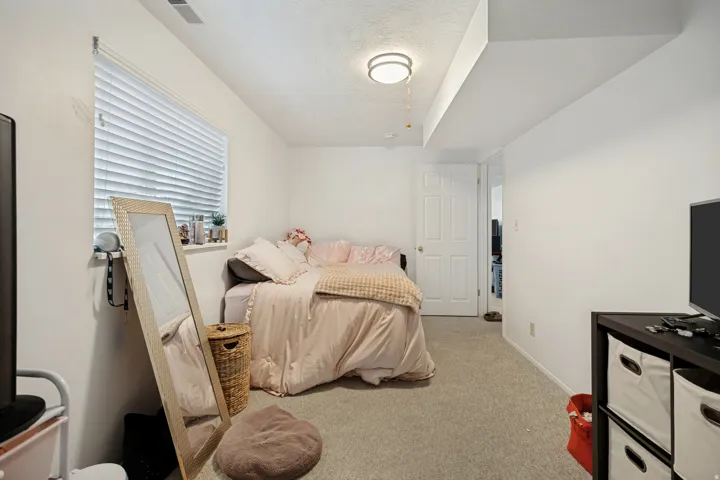 6711 - Basement bedroom 2. Window with blinds, white walls, gray carpet, white door, and a flush mount ceiling light