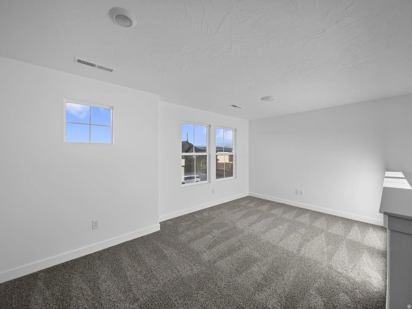 Recessed lighting and multiple windows illuminate this carpeted room with white walls and trim