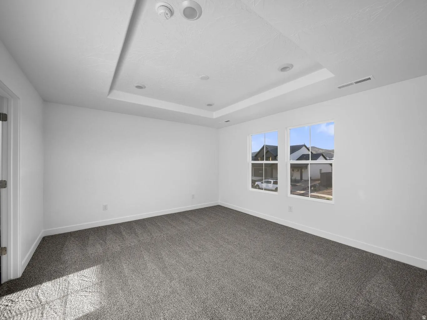 Recessed lighting, tray ceiling, dual windows, white trim, and gray carpet