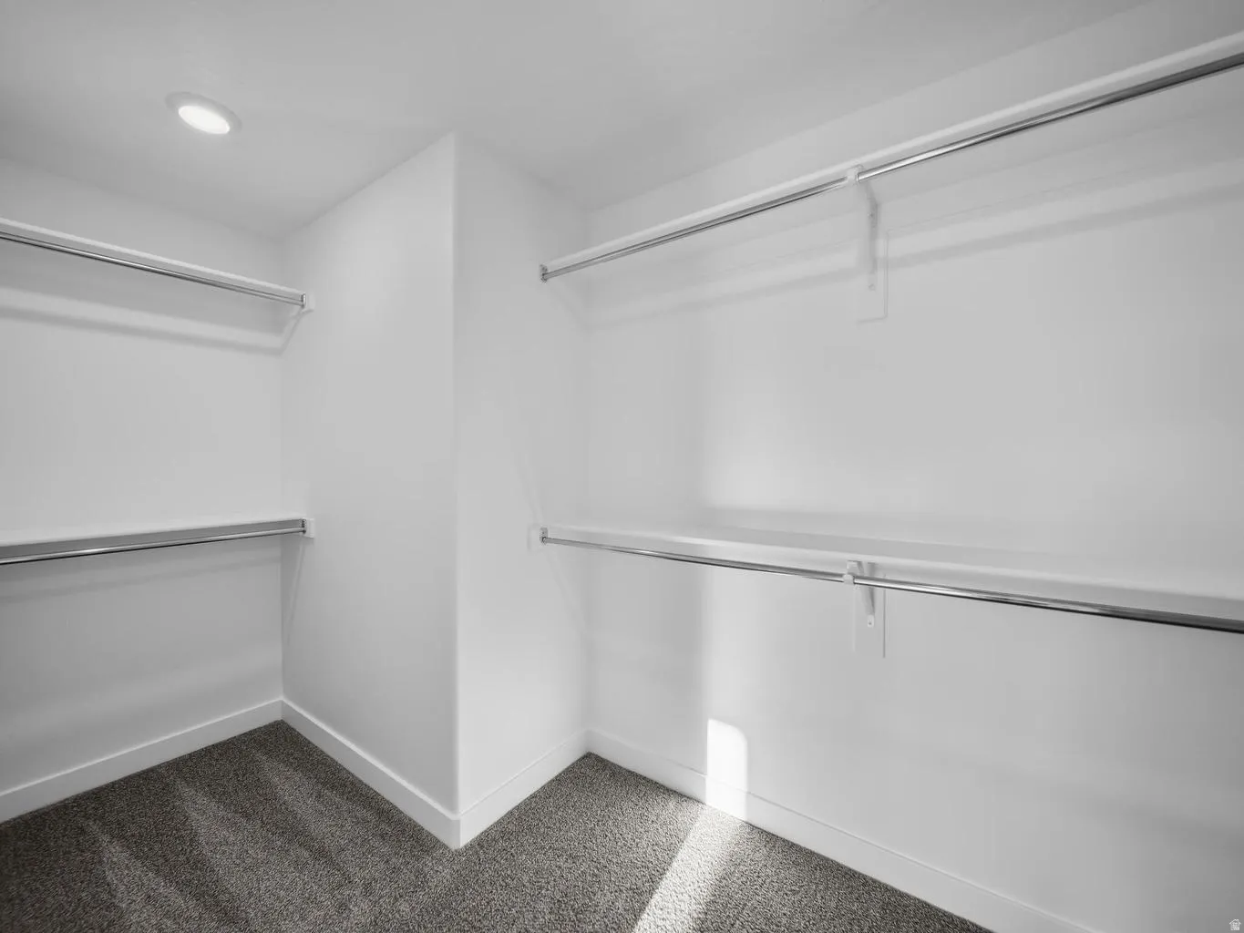 Recessed lighting, white walls, carpeted flooring, and built-in shelving with chrome hanging rods