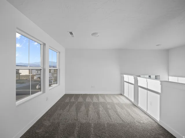 White walls, two large windows, textured carpet, and white railing