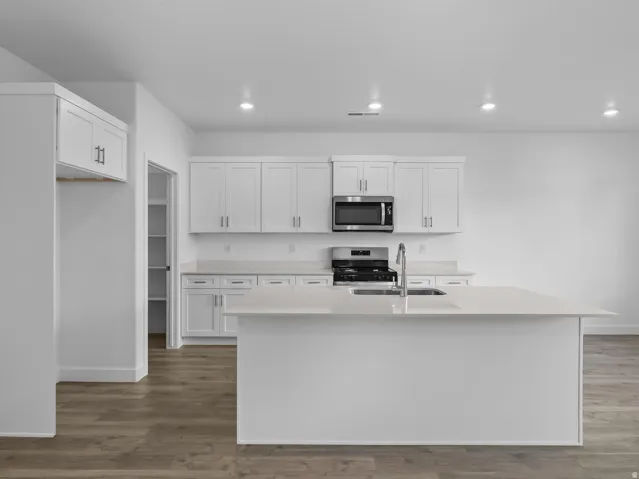 Contemporary kitchen featuring white cabinetry, light-toned countertops, stainless steel appliances, a center island with an undermount sink, and wood-finish flooring