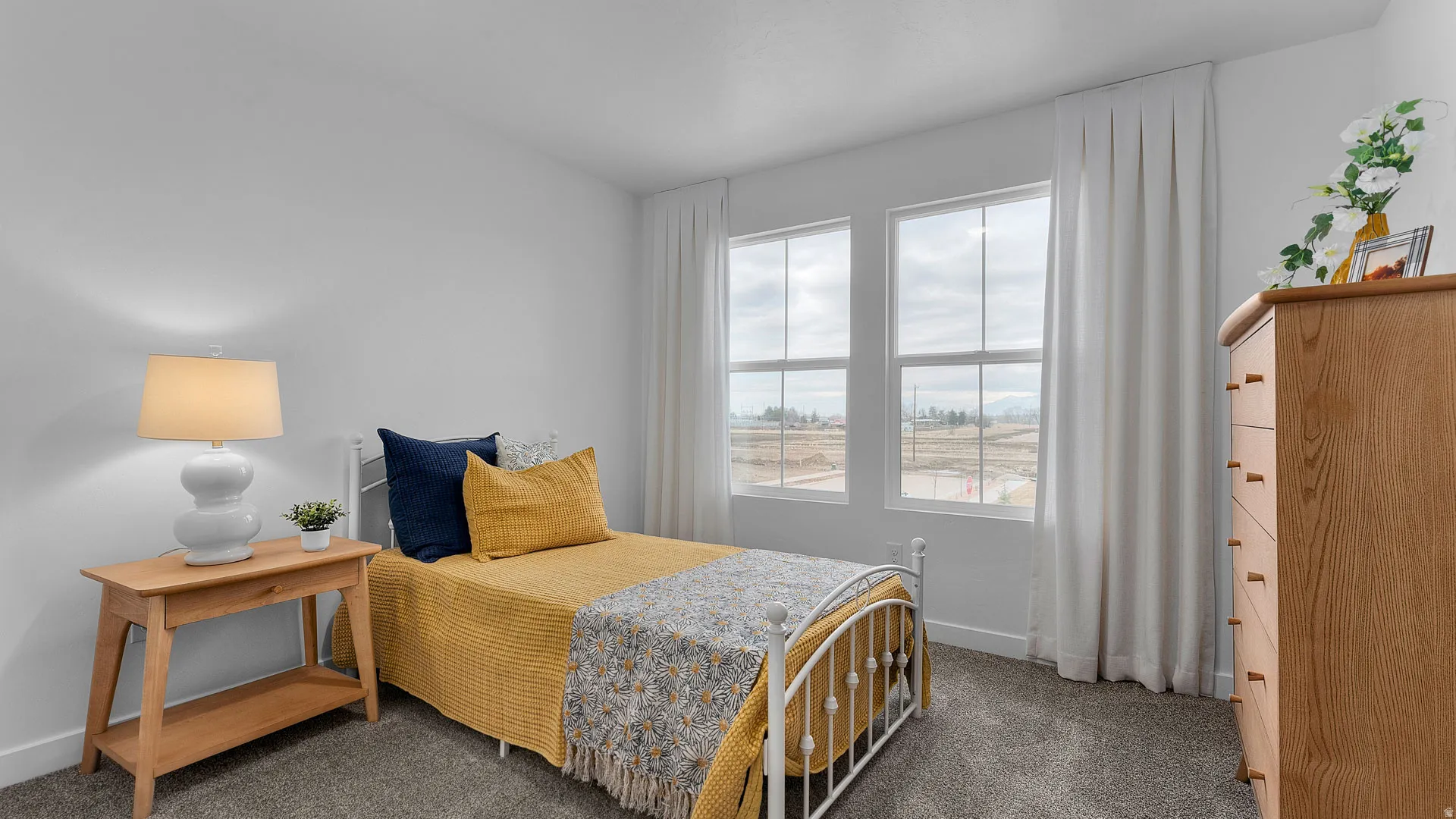 Carpeted flooring, white walls, and two large windows with white trim