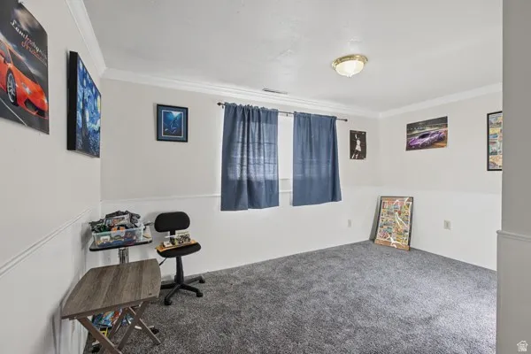 Wall-to-wall carpeting, crown molding, and a flush mount ceiling light