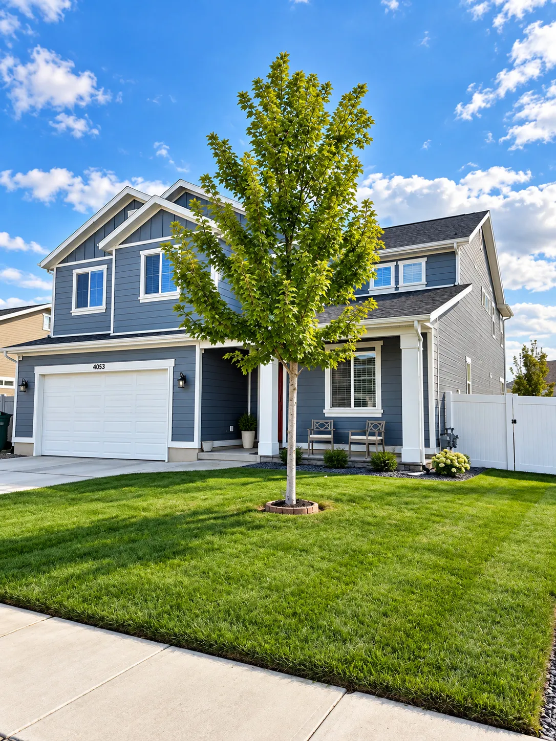 Two-story residence featuring blue siding, white trim accents, a two-car garage, and a lush lawn