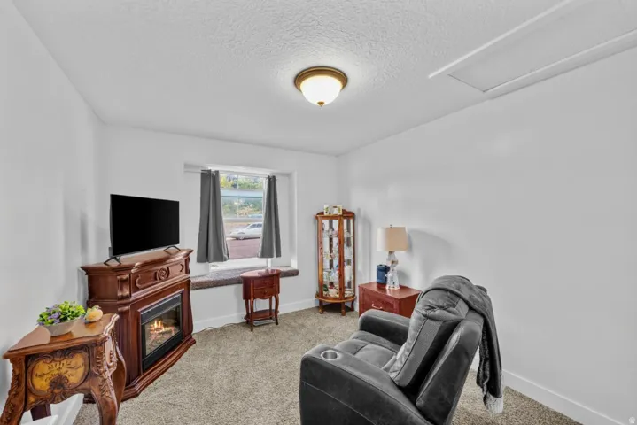 Recessed window, permanent ceiling light fixture, and carpeted flooring