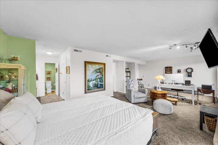 Carpeted flooring throughout, recessed lighting, and track lighting