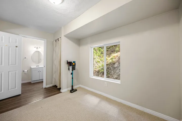ADU primary bedroom adjacent to the kitchen. White paneled door, flush-mount ceiling light, white window trim, wood-finish flooring, and a vanity with an oval mirror