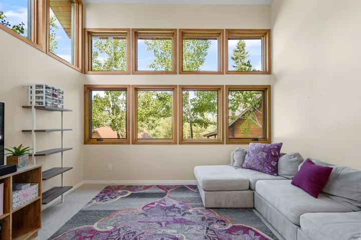 Lower level from the kitchen and main living room/dining level. Vaulted ceiling with multiple wood-framed windows, light-toned wall paint, and light-colored carpeting