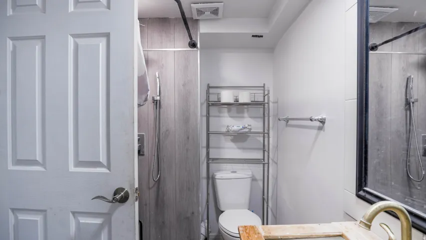 Modern bathroom featuring a wood-look shower surround, white toilet, and a vanity with a brass-finish faucet