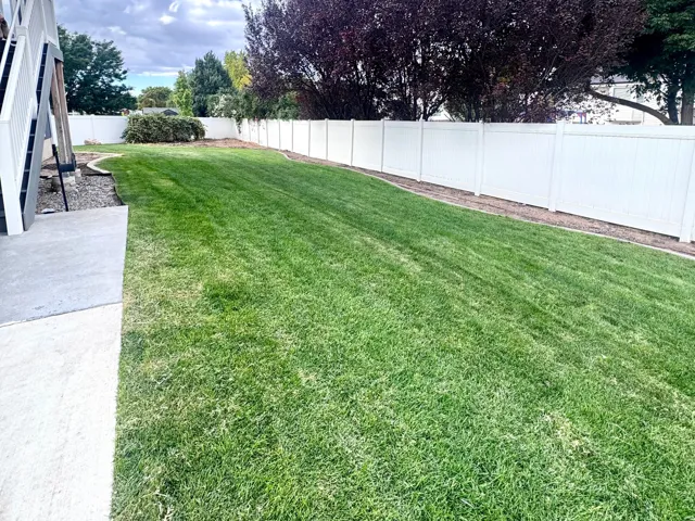 Expansive grass lawn with a white privacy fence and mature trees