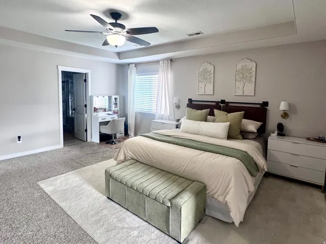 Tray ceiling with a ceiling fan, wall-to-wall carpeting, and a window with blinds