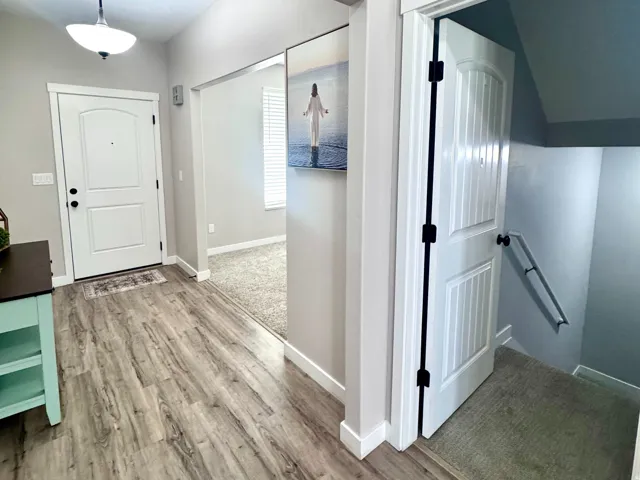 Entryway featuring wood-finish flooring, white paneled doors, and an overhead semi-flush mount light fixture