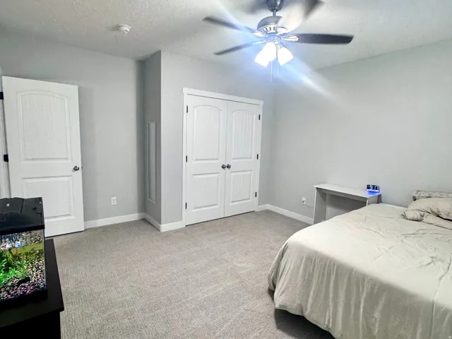 Wall-to-wall carpeting, ceiling fan with integrated lighting, and white paneled doors