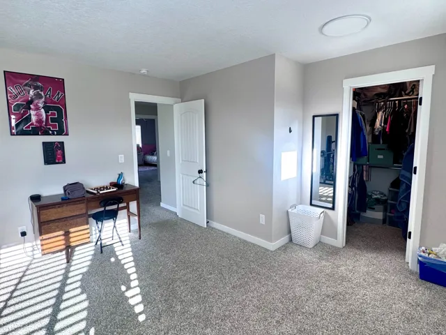 Gray-toned wall finish, recessed overhead lighting, white trim detail, and a large closet