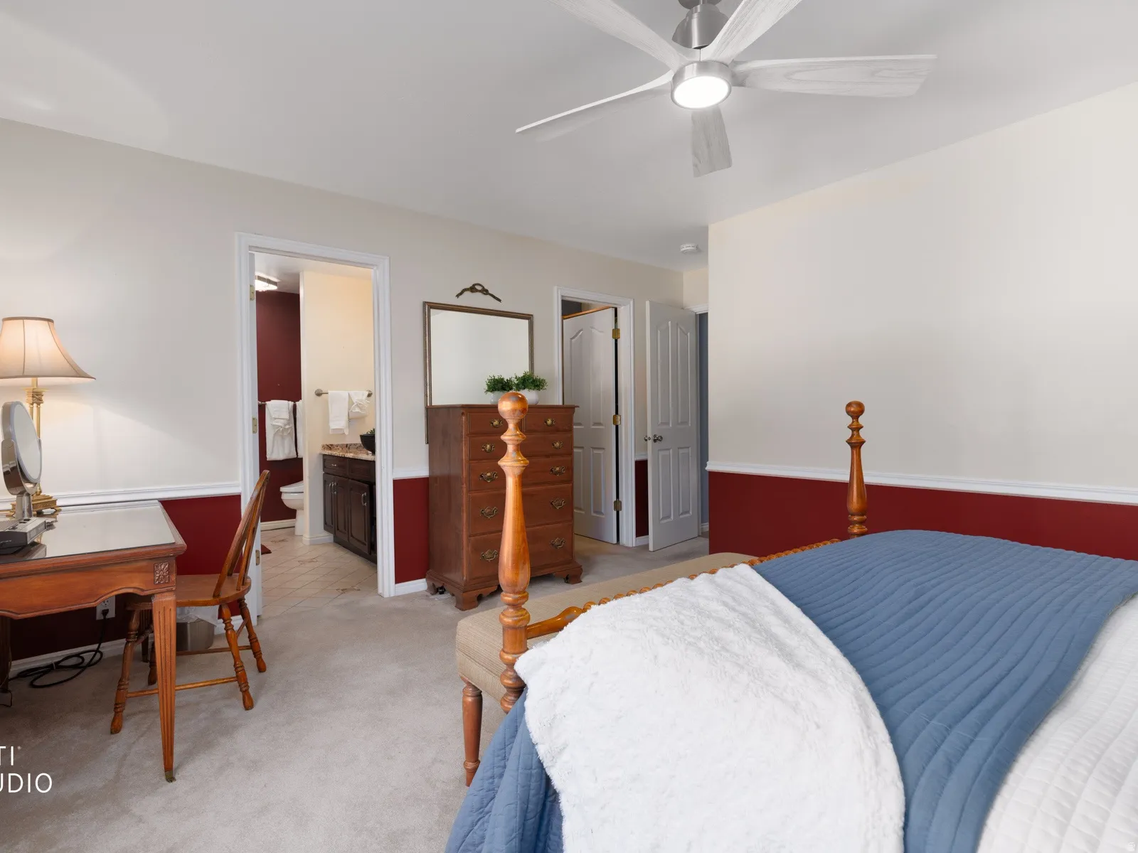 Recessed lighting, ceiling fan, and carpeted flooring