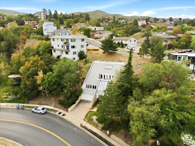 Modern architecture with a sloped metal roof, multiple skylights, and a prominent attached garage