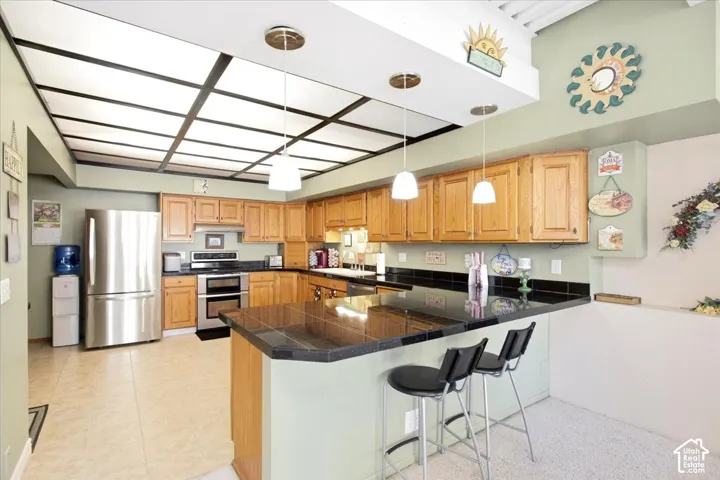 Kitchen featuring wood cabinetry, stainless steel appliances, a breakfast bar, recessed lighting, and a drop ceiling with translucent panels