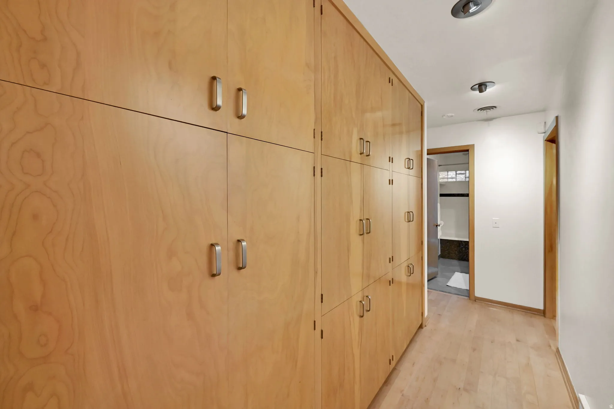 Extensive built-in wood cabinetry with metal hardware, light wood-finish flooring, and recessed ceiling lighting