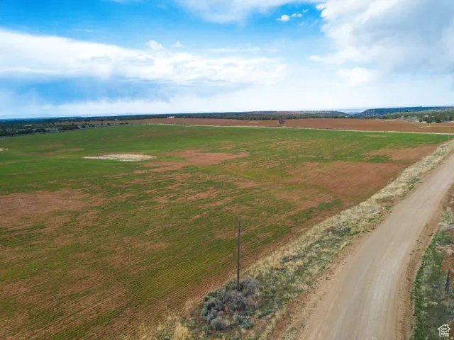 Expansive land parcel featuring cultivated fields and a dirt road