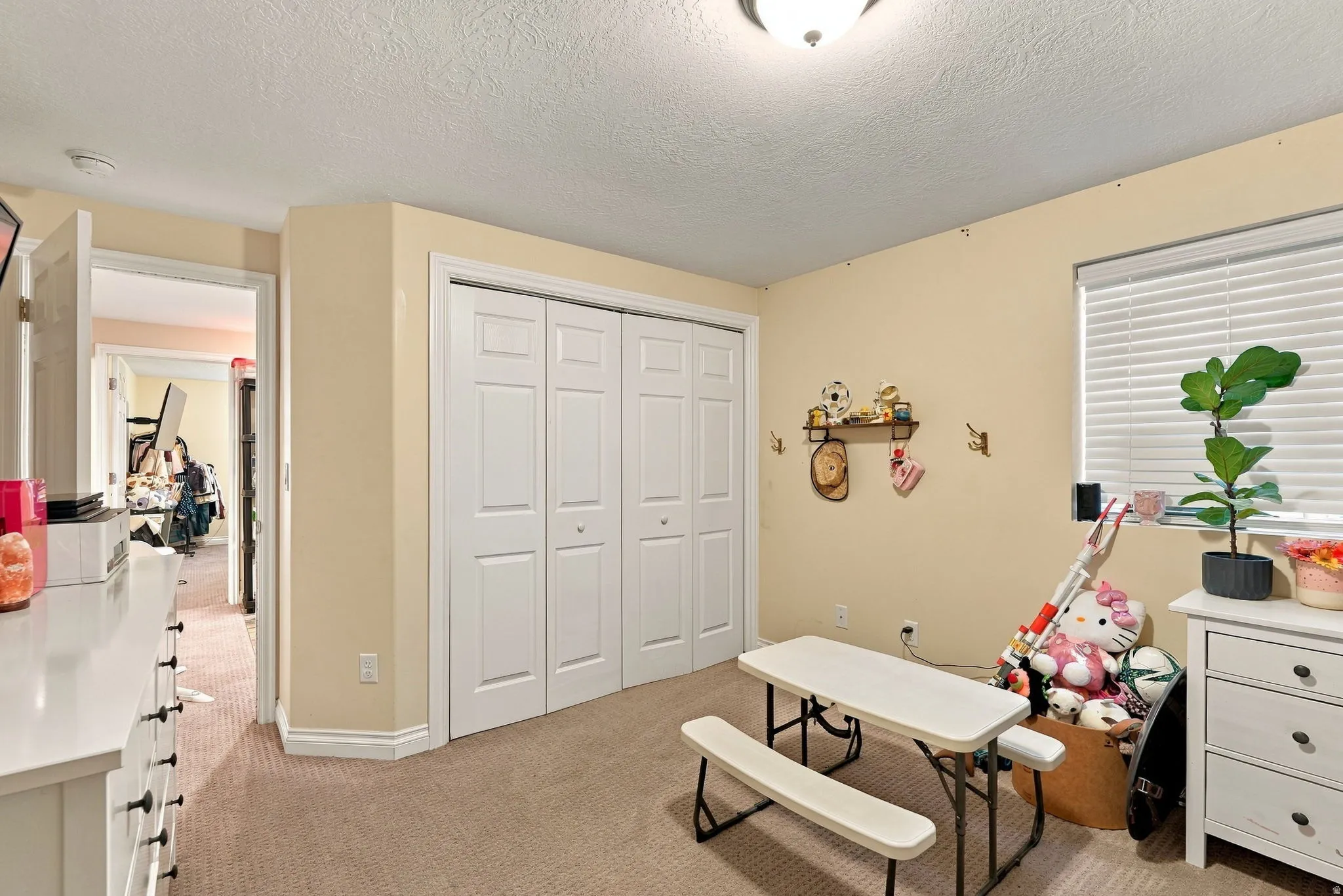Light-colored walls with trim, neutral carpeting, and a window with blinds