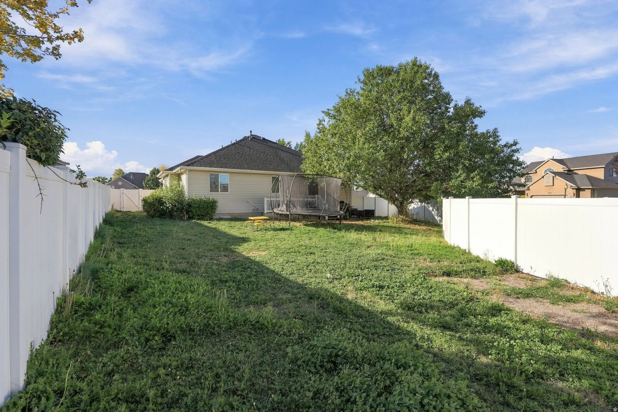 Expansive backyard featuring a mature tree, perimeter fencing, and a rear patio