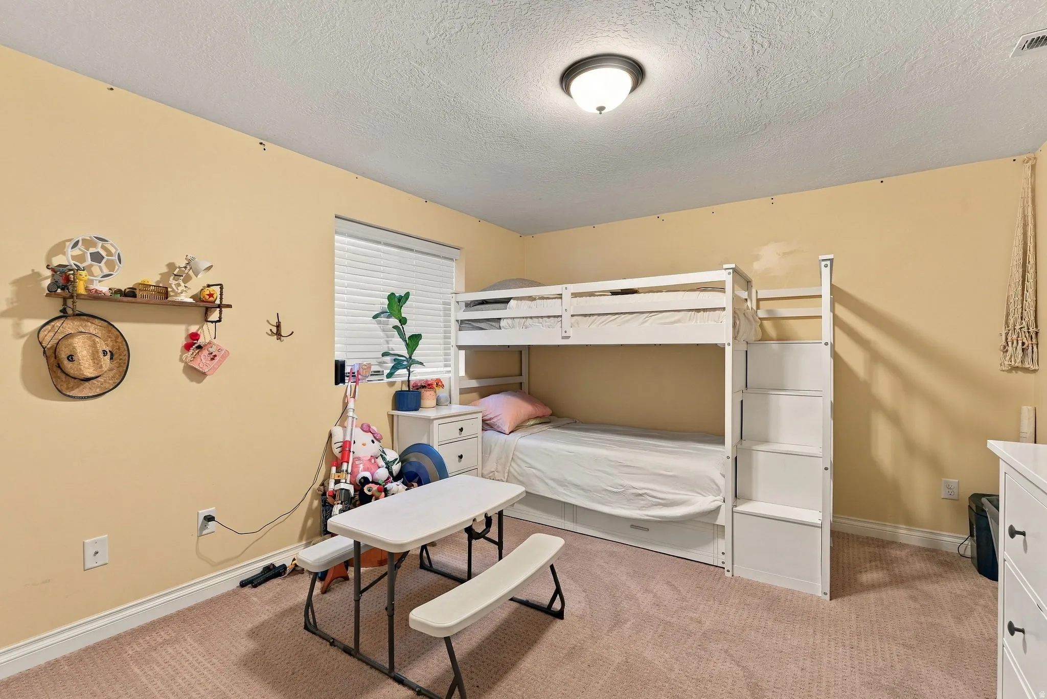 Recessed window with blinds, ceiling-mounted light fixture, and wall-to-wall carpeting