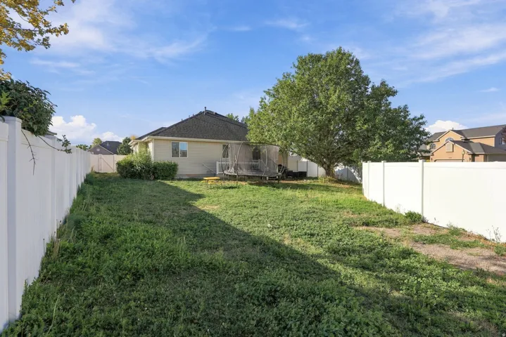 Expansive backyard featuring a mature tree, perimeter fencing, and a rear patio