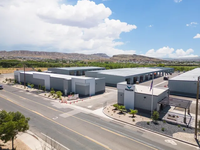 Modern industrial buildings with metal siding and flat roofs