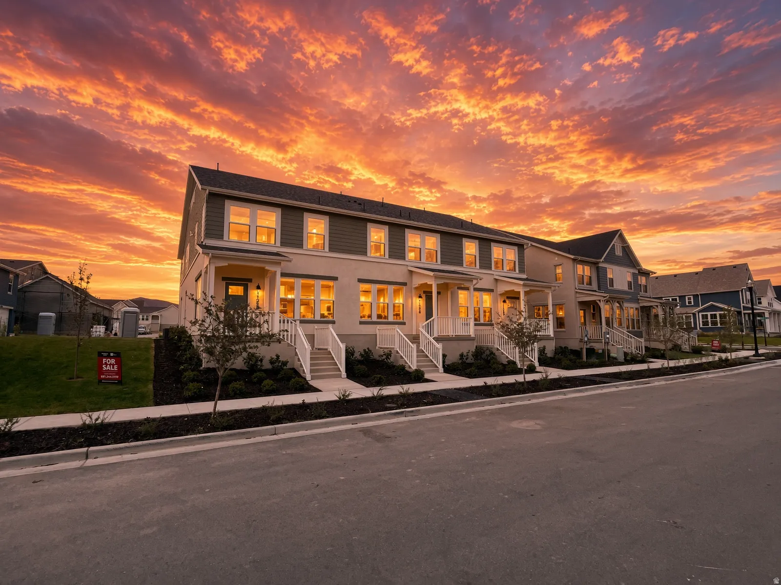 Row of townhomes featuring multi-pane windows, covered entryways, and white porch railings