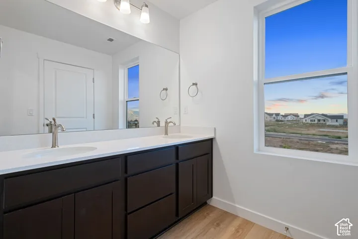 Double vanity with dark wood-finish cabinetry, white countertop, and dual undermount sinks