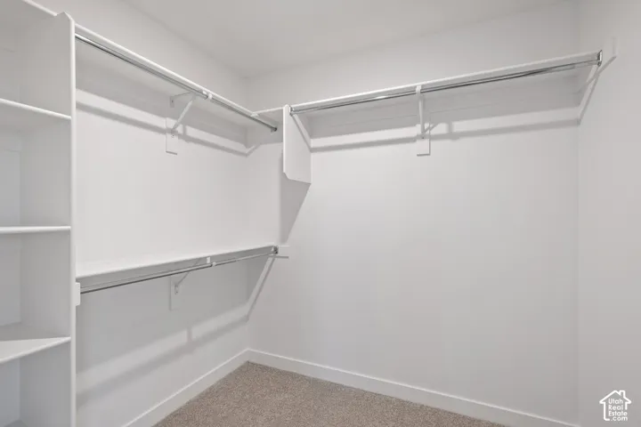 Custom shelving with integrated hanging rods, white finish, and light-toned carpeting