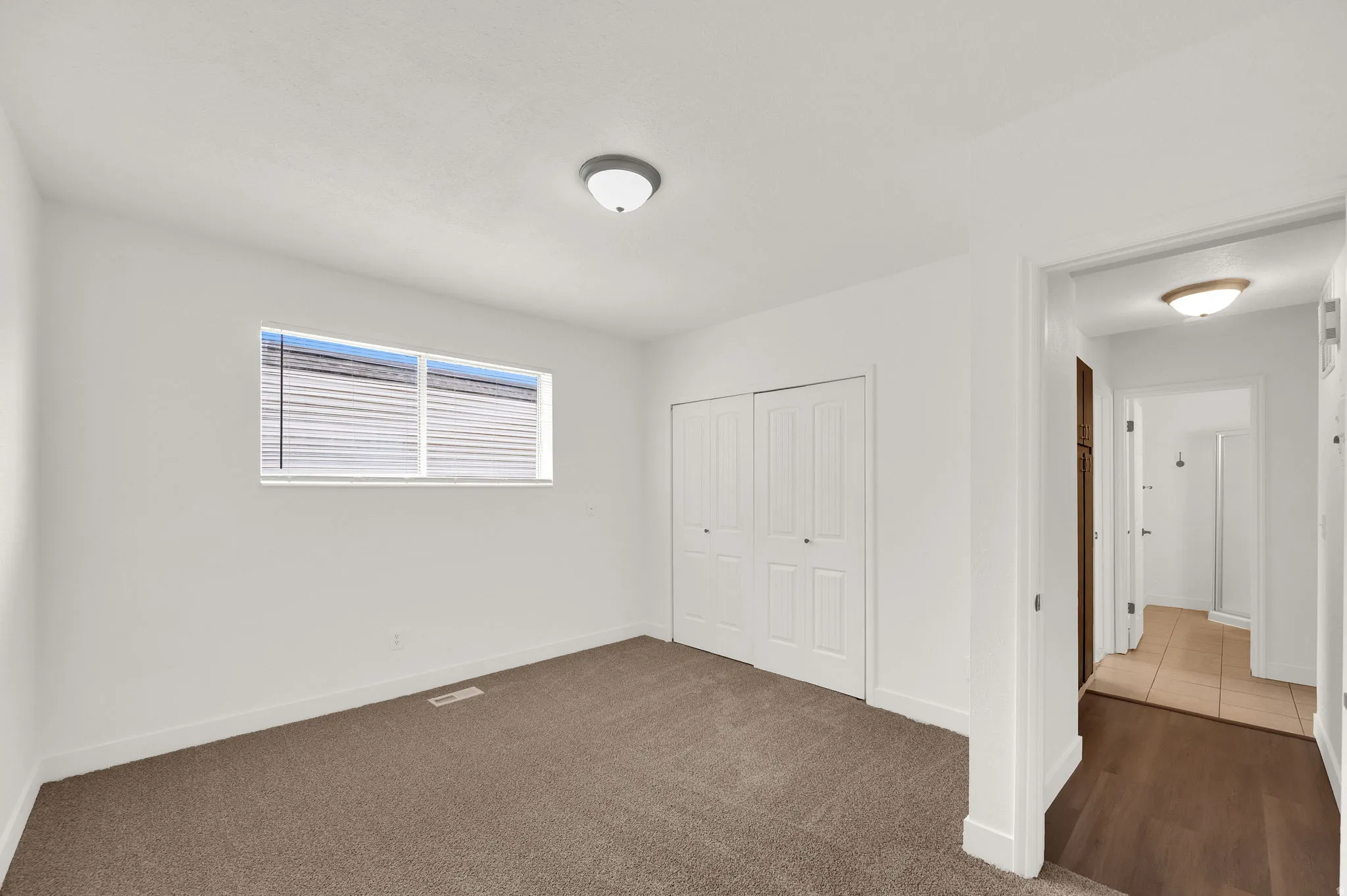 Carpeted room featuring a double-pane window with blinds, white walls, and a ceiling-mounted light fixture