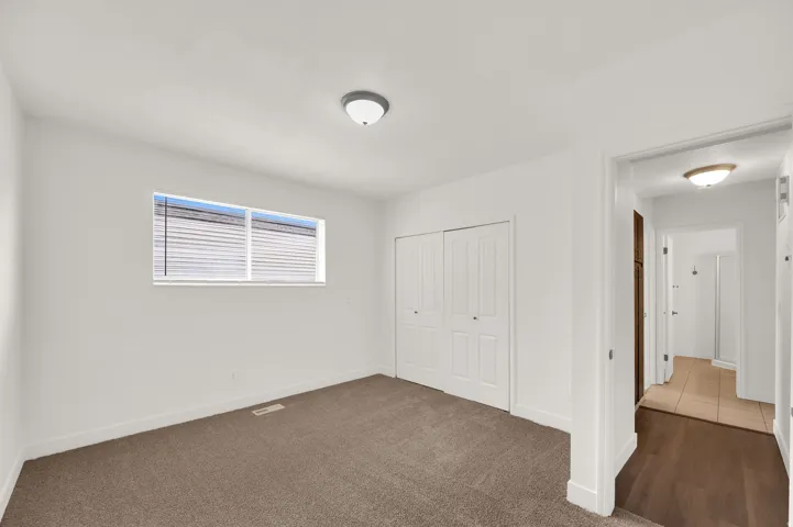 Carpeted room featuring a double-pane window with blinds, white walls, and a ceiling-mounted light fixture