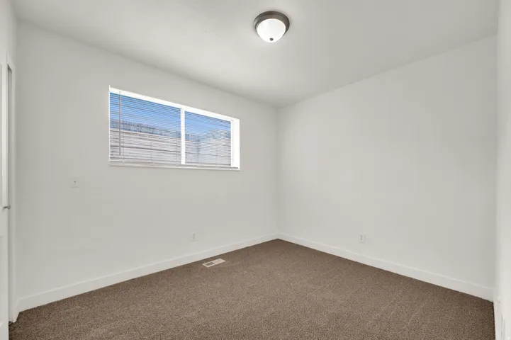 Window with horizontal blinds, neutral-toned carpeting, white walls, and a ceiling-mounted light fixture