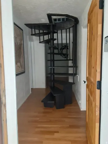 Black spiral staircase with wood-finish flooring