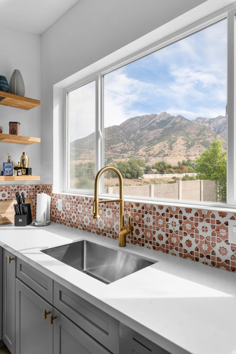 Guest house kitchen featuring a massive view of Mount Olympus
