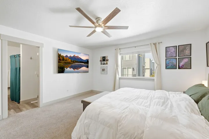 Carpet flooring with a wood-finish floor entry