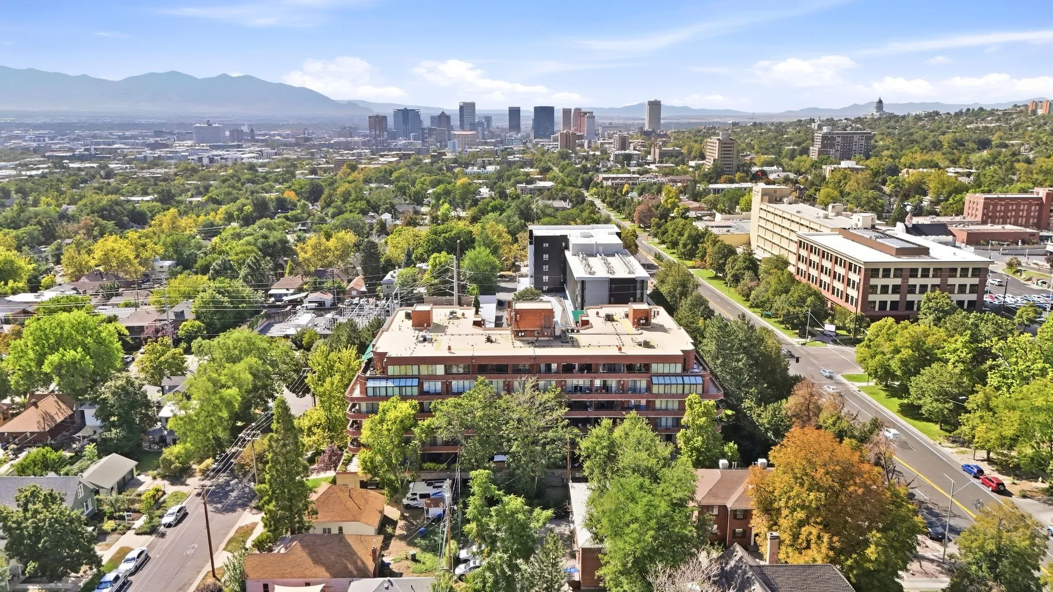 Aerial perspective showcasing the city skyline, surrounding mountains, and a tree-lined street