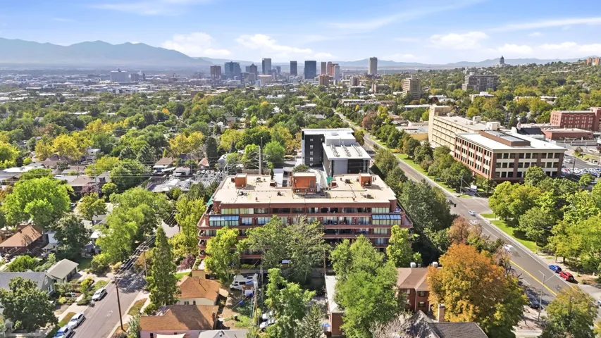 Aerial perspective showcasing the city skyline, surrounding mountains, and a tree-lined street