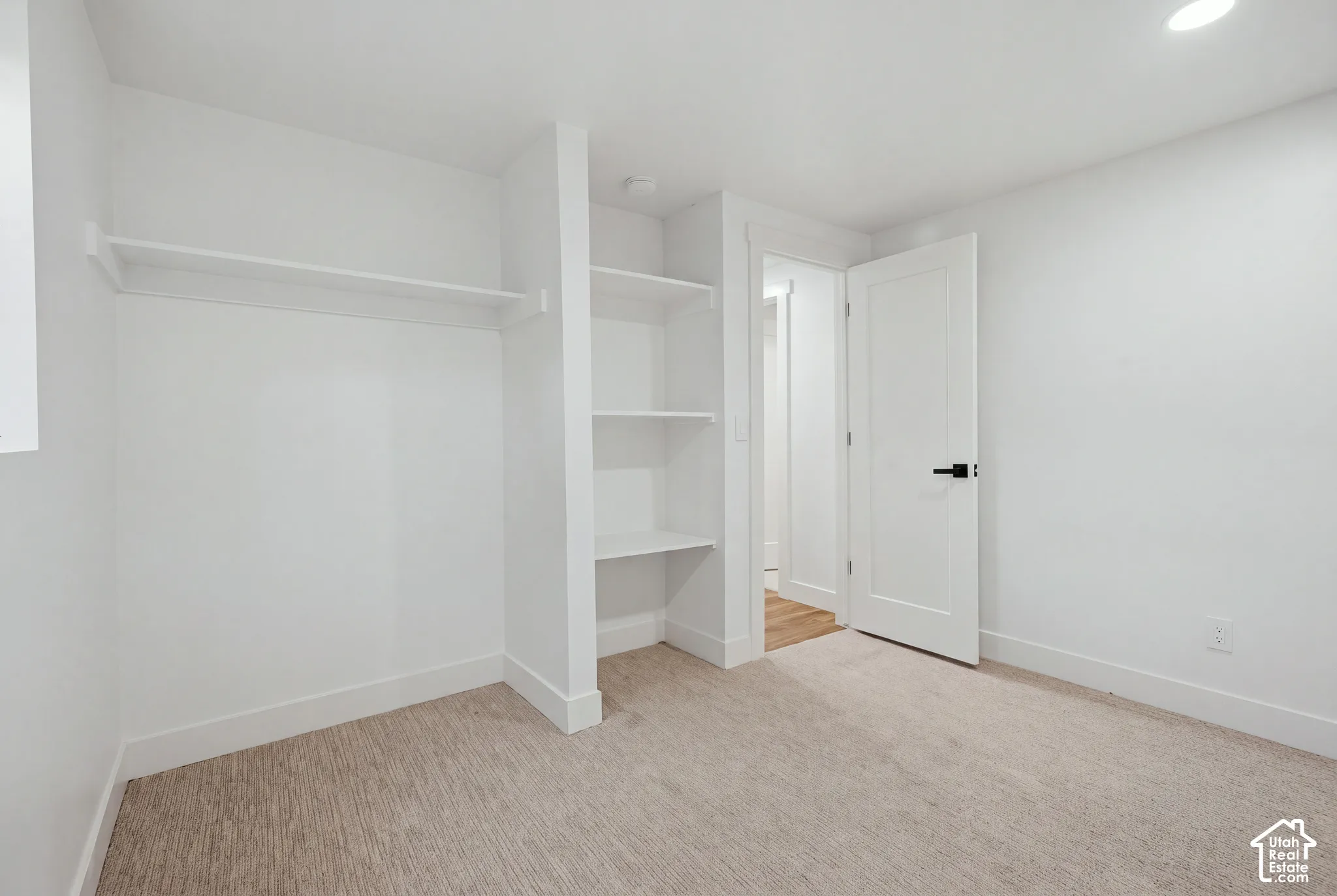 Built-in shelving, integrated closet rod, wall-to-wall carpeting, recessed lighting, and a modern flat-panel door with black hardware