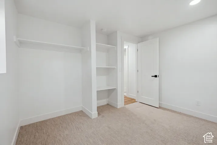 Built-in shelving, integrated closet rod, wall-to-wall carpeting, recessed lighting, and a modern flat-panel door with black hardware