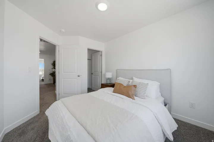 Light-toned carpeting, white walls, and white trim