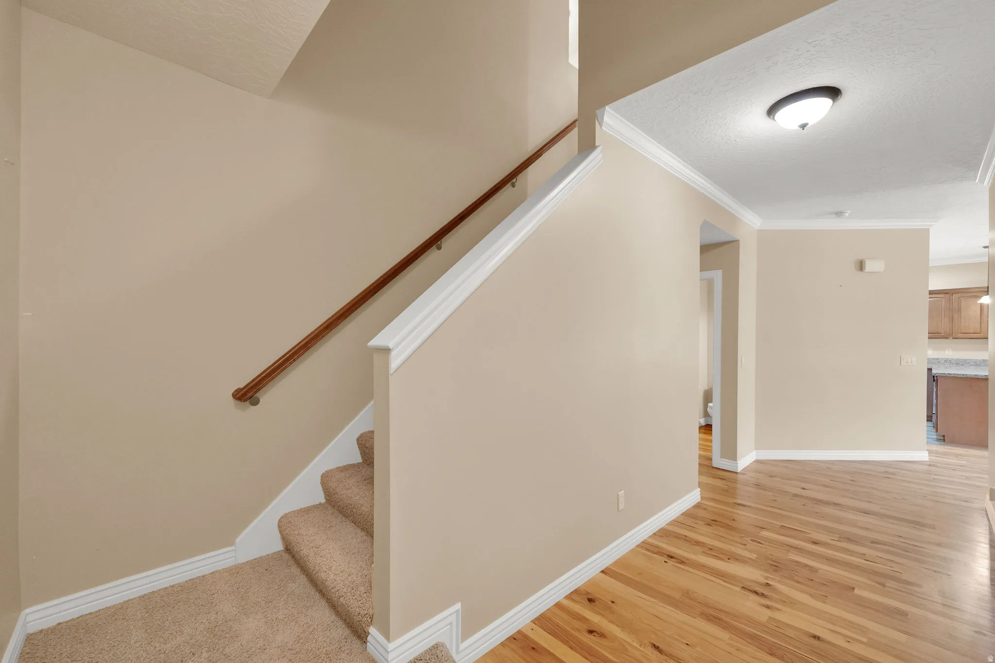 Carpeted staircase with wood handrail, light-toned walls, wood-finish flooring, and crown molding