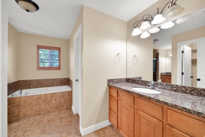 Dual vanity with an integrated sink, granite-style countertop, and wood-finish cabinetry
