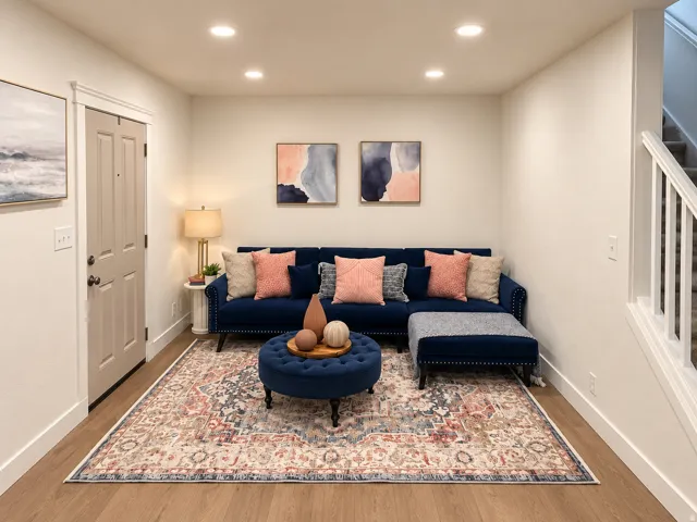 Recessed ceiling lighting, wood-finish flooring, white trim, and a staircase with white railings