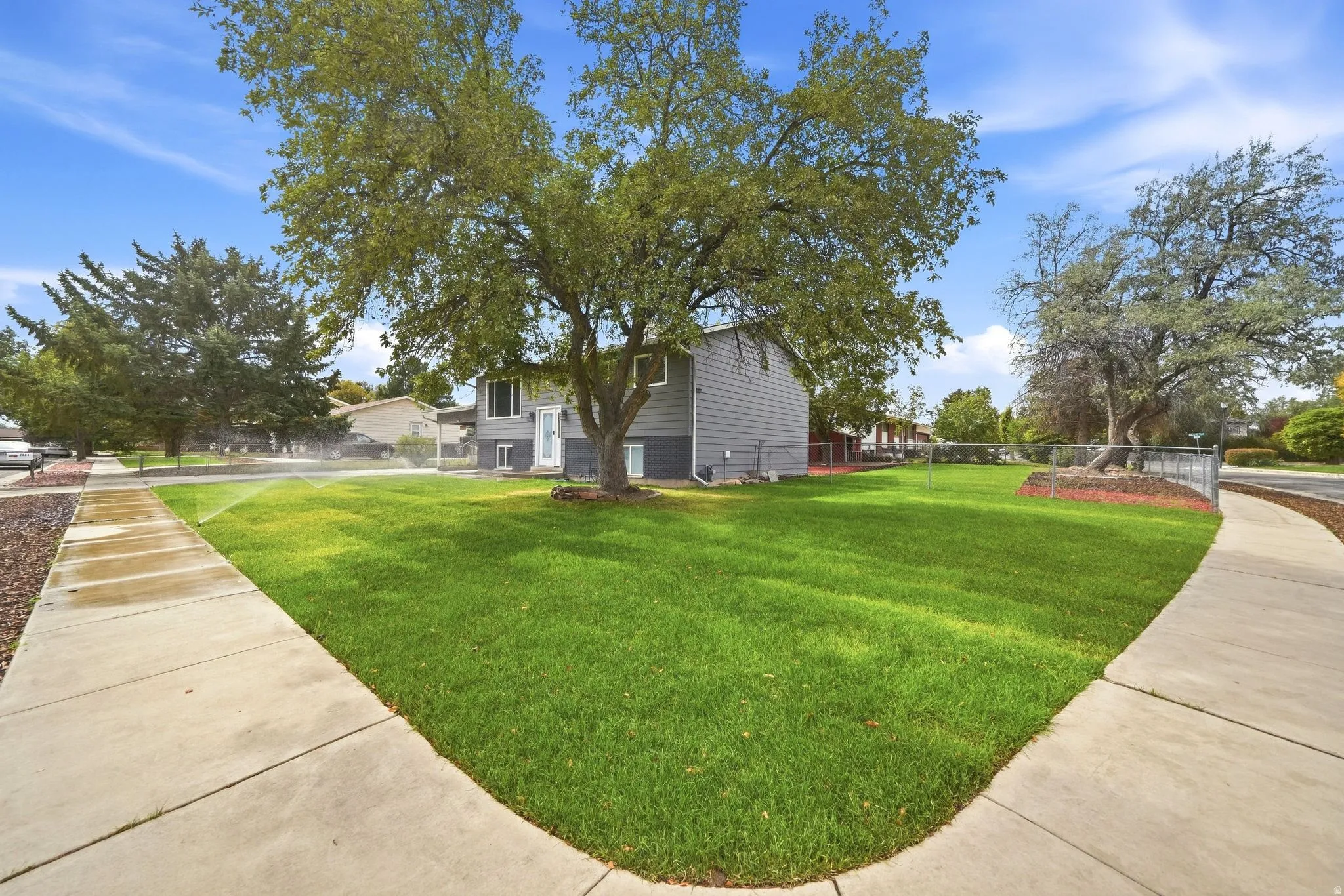 Expansive front yard with mature trees, manicured lawn, and concrete sidewalks
