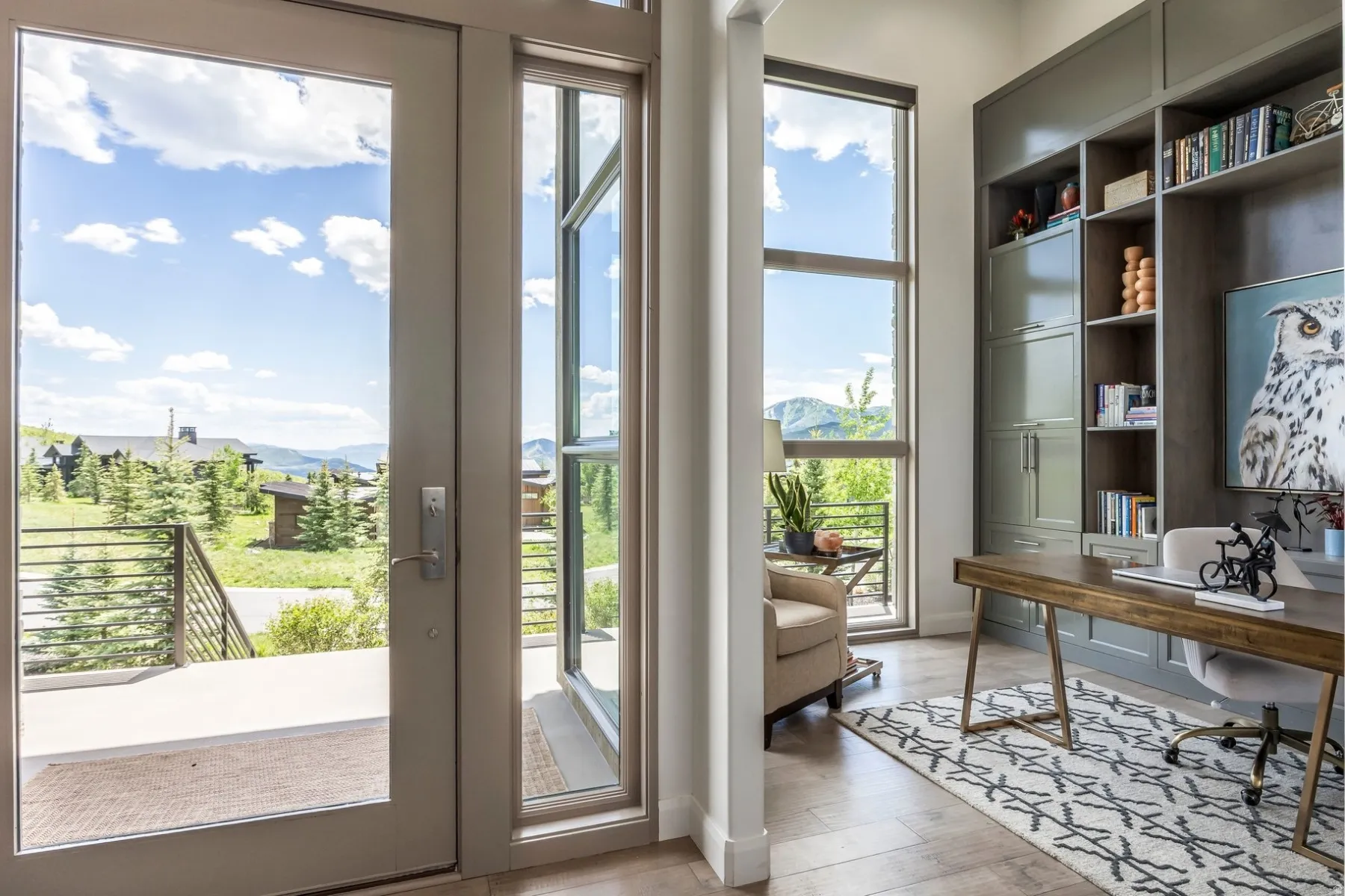 Wood-finish flooring, full-light entry door, tall fixed-pane window, built-in shelving, and a built-in desk