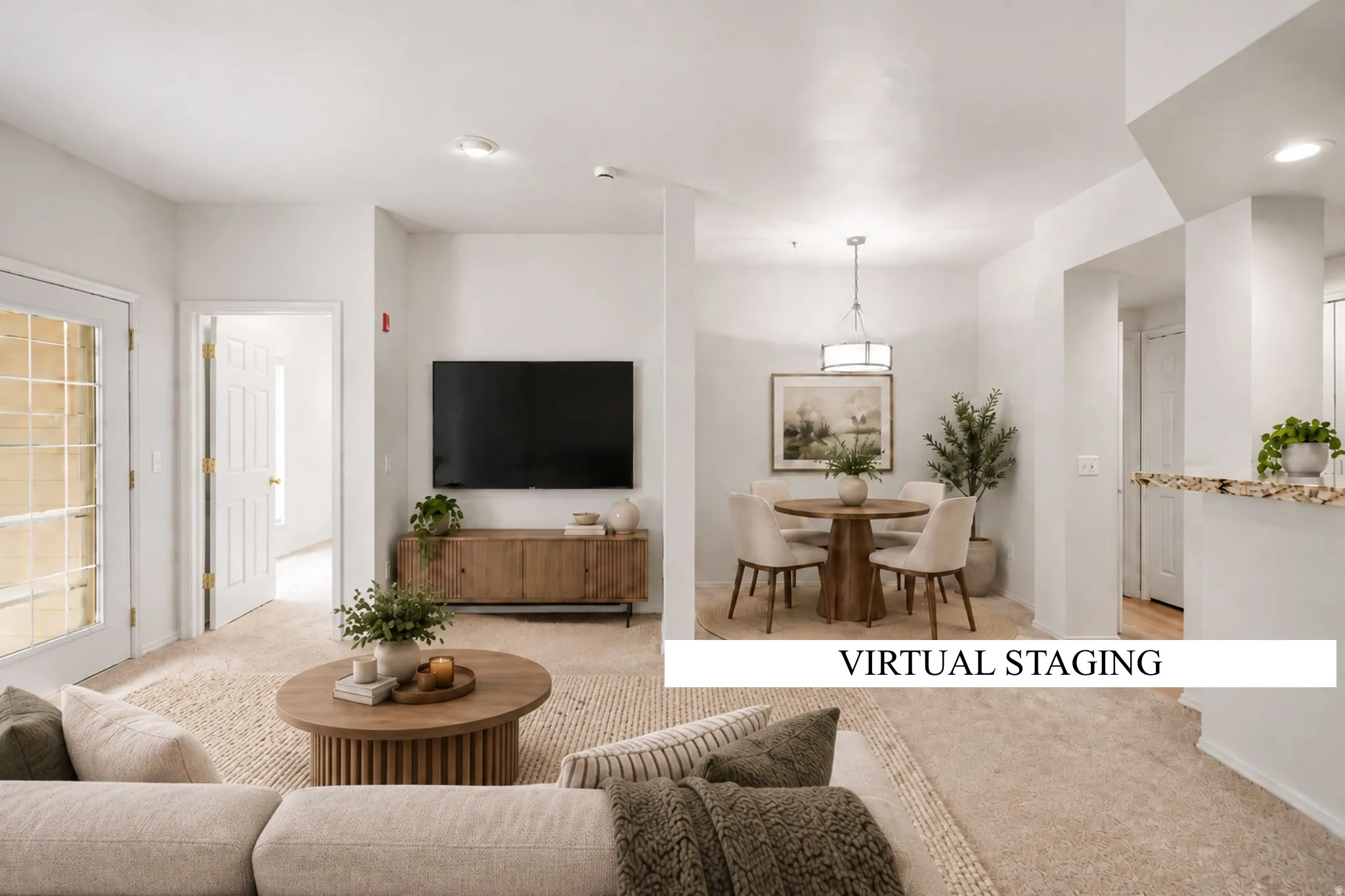 Open-concept living space featuring light-toned carpeting, recessed lighting, and a dining area with a contemporary chandelier